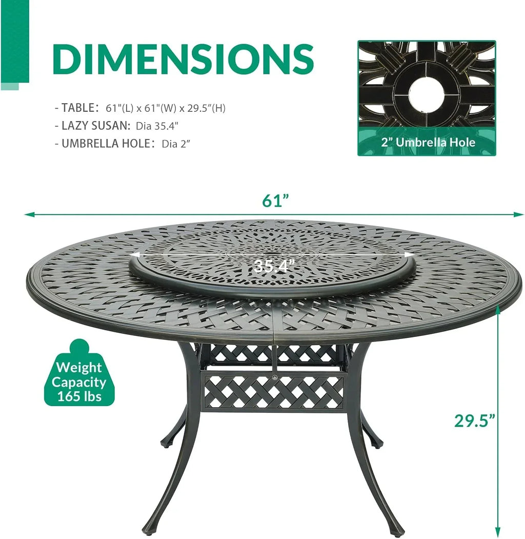 2026 NewVIVIJASON Outdoor 61" Patio Dining Table for 6-8 Person, Large Patio Round Dining Table with 24" Lazy Susan, Dark Bronze Cast Aluminum Rustic Patio Table W/Umbrella Hole for Balcony, Porch and Deck