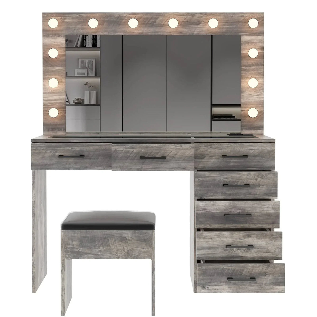 2026 NewKtaxon Large Makeup Vanity, Vanity Table Set w/ Visible Glass Top w/ Charging Station, White