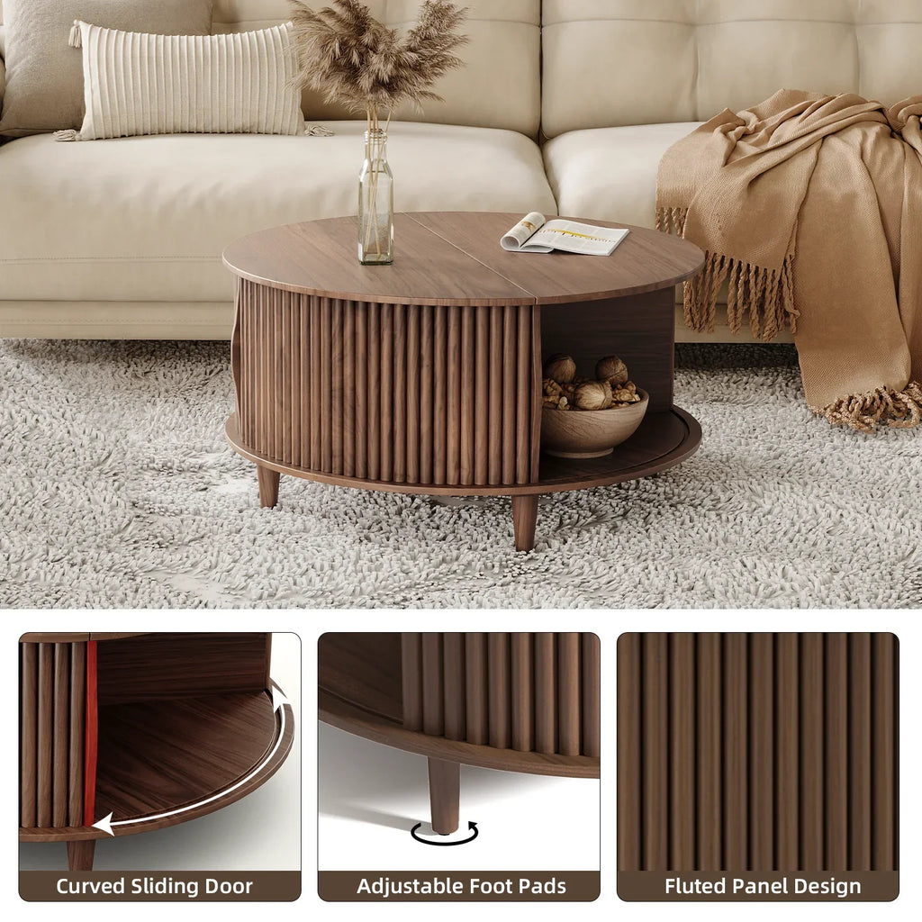 2026 NewJOINICE Round Coffee Table with Storage and Sliding Door,Mid Century Modern Wooden Center Table,for Living Room,Walnut