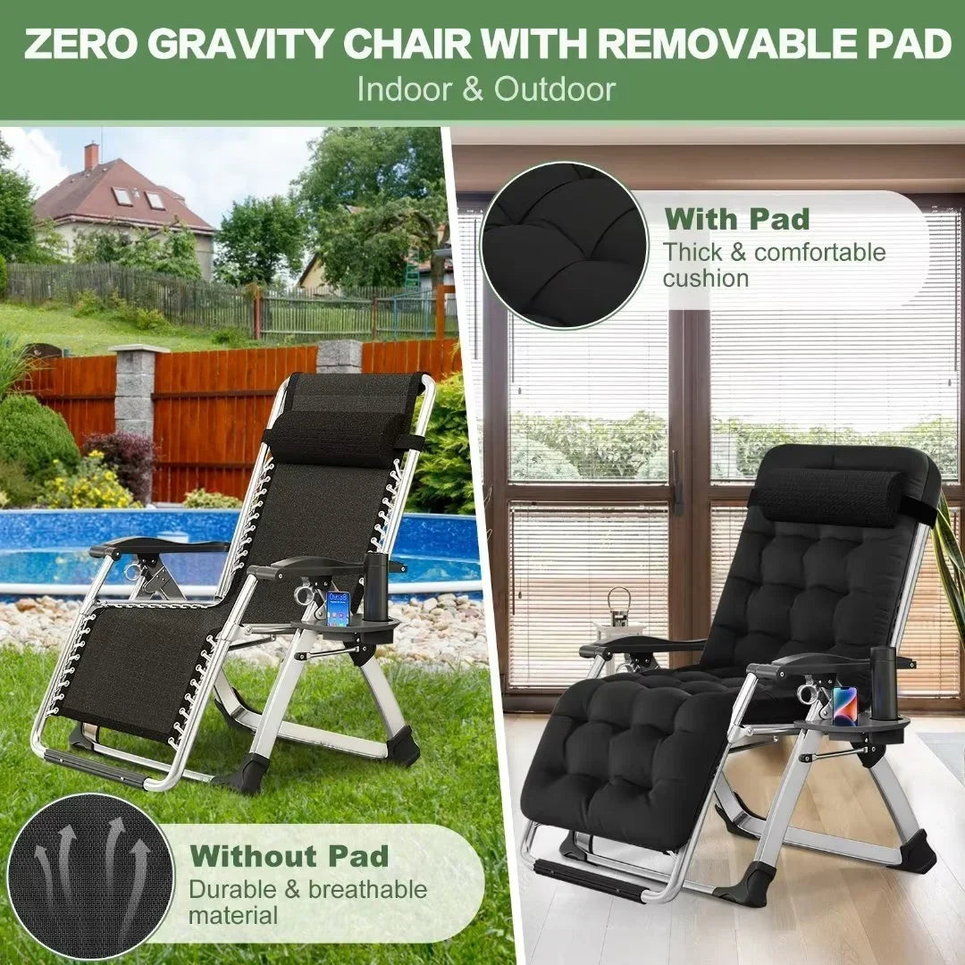 2026 NewNAIZEA 2 Pack Zero Gravity Chair, Foldable Portable Lawn Recliner with Cushion, Headrest, Cup Holder, Black