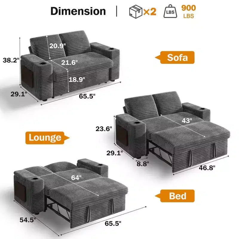 2026 Dyonery Sofá cama 4 en 1 de 65,5" con respaldos ajustables, carga USB/Type-C, portavasos y bolsillos, verde