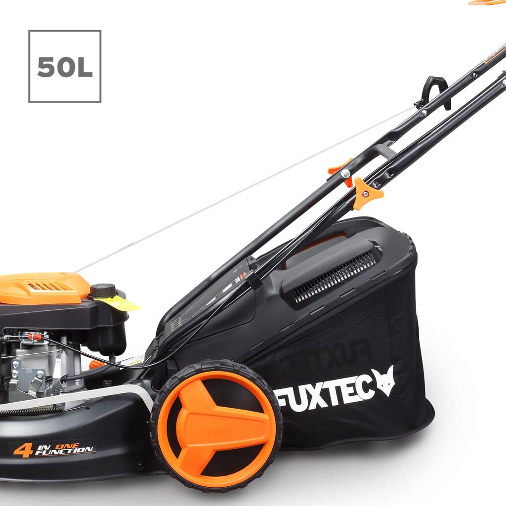 2026 Cortacésped de tracción de Gasolina autopropulsado FUXTEC FX-RM4646 46cm de Ancho de Corte, Potente Motor de Gasolina con transmisión GT 146cc Easy Clean 4en1 2,6KW Mulching/Bolsa de césped 50L