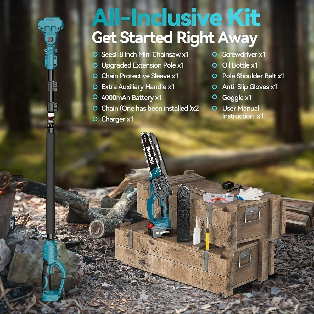 2026 NewSeesii 2-in-1 Cordless Pole Saw, 8 Inch Brushless Mini Chainsaw with Extension Pole, 16ft Max Pole Saws with 2x 21V Batteries for Tree Trimming, Branches Pruning, Wood Cutting