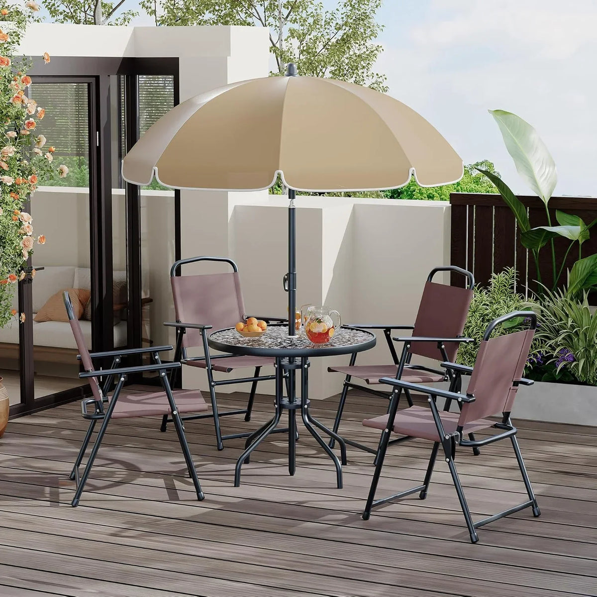 2026 New6 Pieces Outdoor Dining Set With Umbrella, Patio Table and 4 Folding Chairs With Umbrella, Garden Patio Furniture Set With Umbrellas, Tempered Glass Top Dining Table