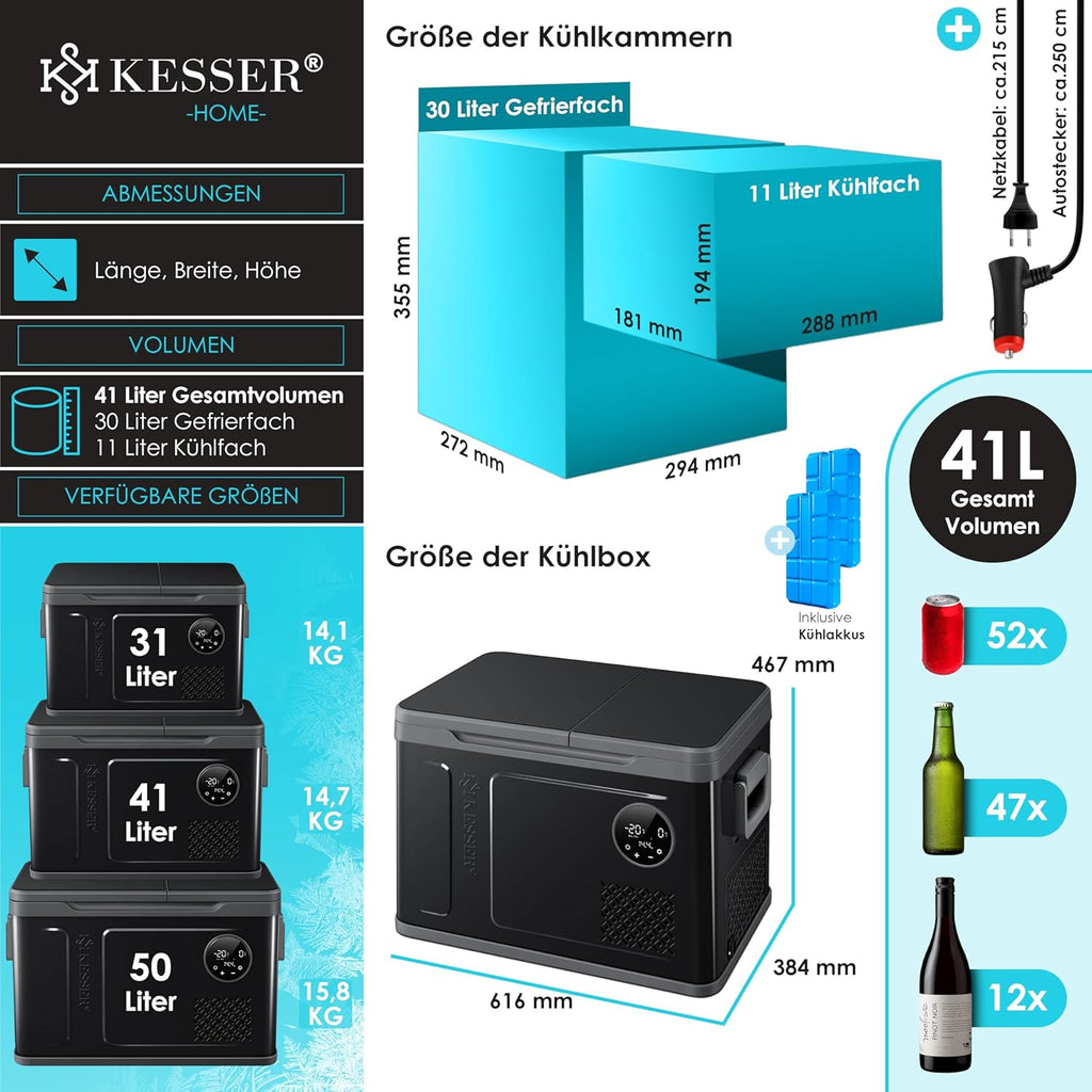 2026 Nevera portátil con compresor KESSER 2 en 1, doble zona de refrigeración y congelación, con 2 acumuladores de frío y control táctil LED | Refrigerador con capacidad de enfriamiento hasta -20 °C para camping, coche y camión, 12/24 V 230 V