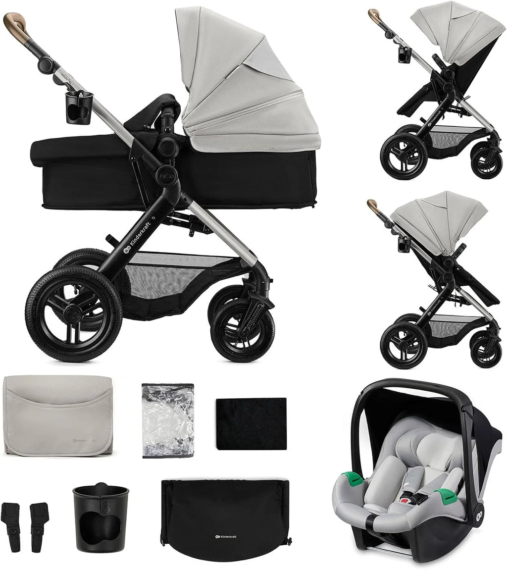2026 Kinderkraft MOOV XL 3 en 1, Carrito bebé hasta 27 kg, Carro, Con Asiento I-SIZE 40-75 cm, Plegable, Amortiguación, Convertible, Capazo XL, Con accesorios, Gris Claro