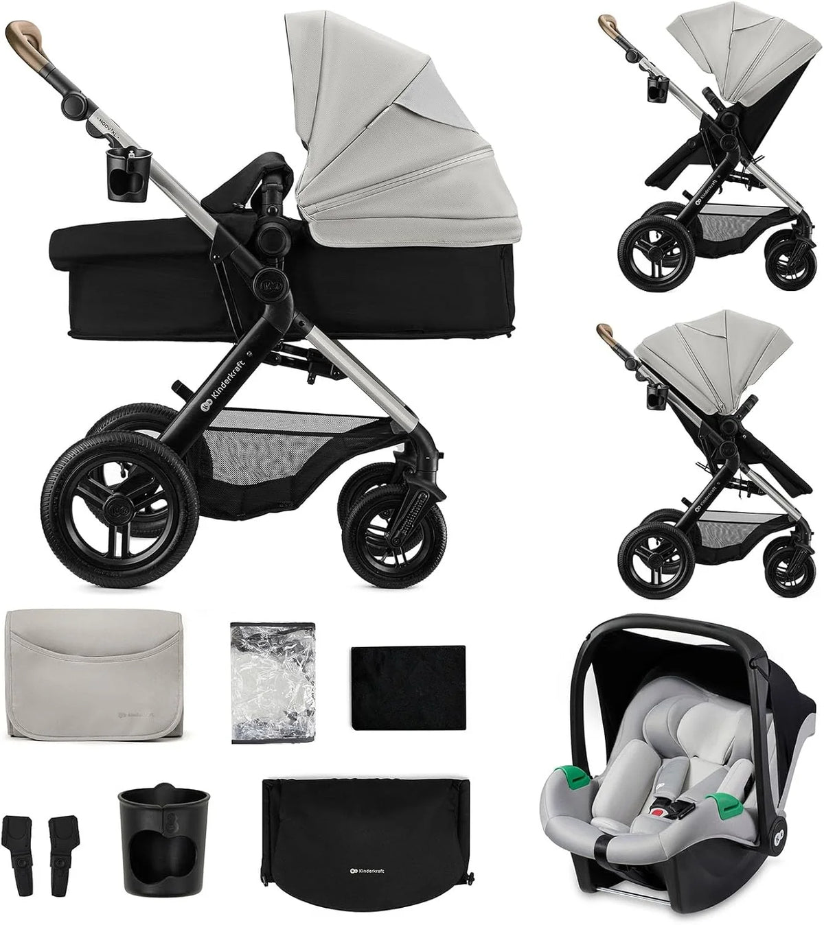 2026 Kinderkraft MOOV XL 3 en 1, Carrito bebé hasta 27 kg, Carro, Con Asiento I-SIZE 40-75 cm, Plegable, Amortiguación, Convertible, Capazo XL, Con accesorios, Gris Claro