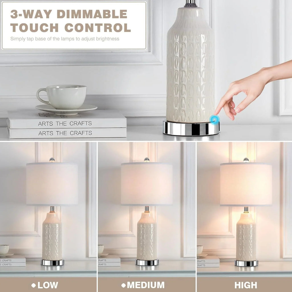 2026 NewCinkeda Table Lamp Set of 2 for Living Room Bedroom with USB Ports AC Outlet 3 Way Dimmable Touch Nightlight Farmhouse White Floral Nightstand Bedside Lamps