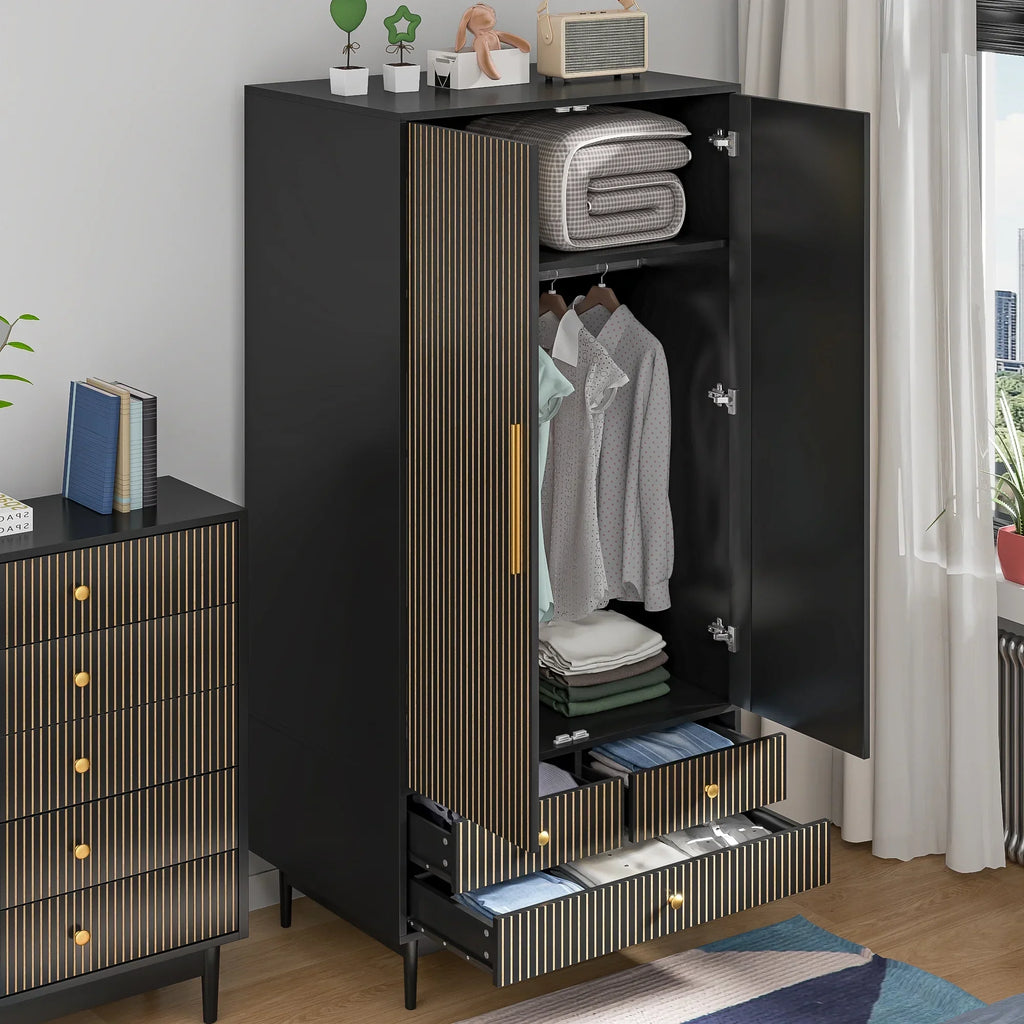 2026 NewOubayajia Wardrobe Armoire Closet, 2 Fluted Doors Wardrobe Cabinet with 3-Drawer and Hanging Rod, Wood Wardrobe Storage for Bedroom