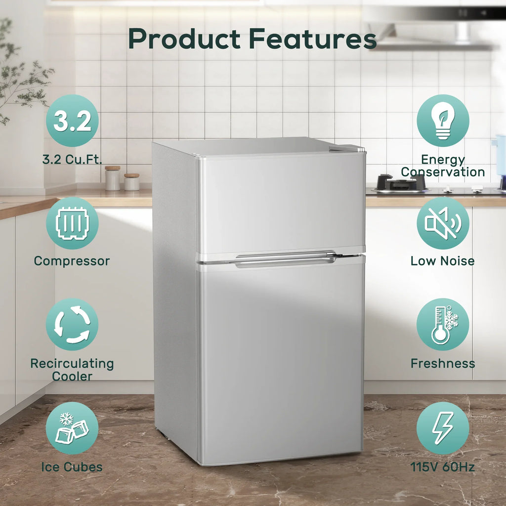 2026 NewAuseo 3.1 Cu.Ft Double Door Mini Fridge with Freezer, Compact Retro Refrigerator for Dorm, Office, Bar, Bedroom, Black