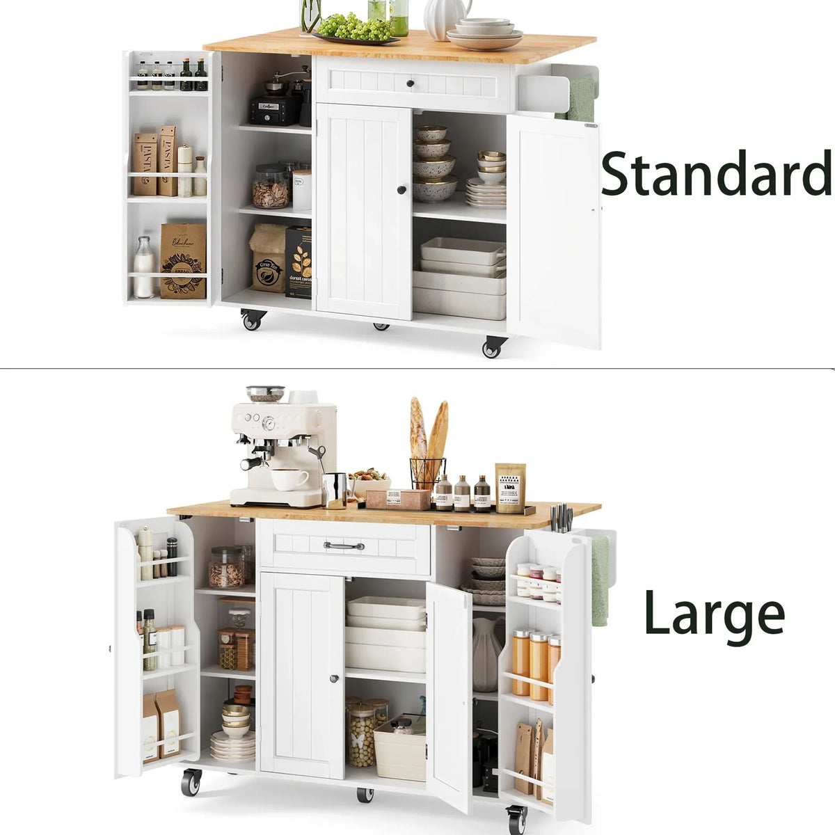 2026 NewNoelse Kitchen Island with Storage, Island Table for Kitchen with Drop Leaf, Spice Rack, Towel Bar for Small Kitchens, White