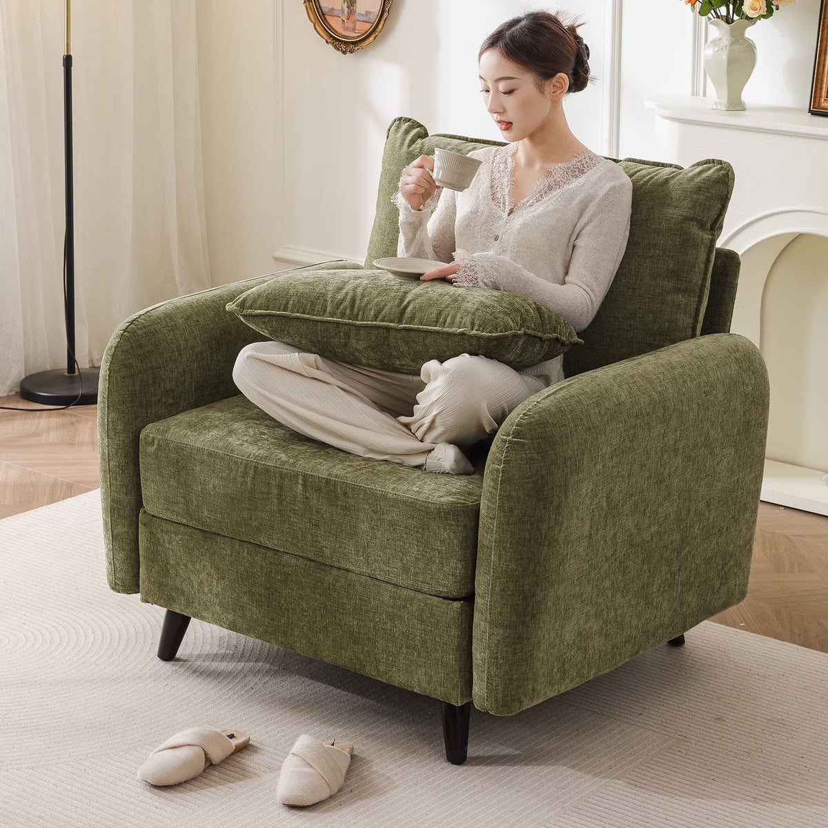 2026 NewRexulqo Oversized Accent Chair with All Seats Storage,Comfy Living Room Chairs with 2 Throw Pillow,Upholstered Mid-Century Armchair,24.5'' Deep Seat,Reading Chair For Bedroom,Office,Chenille,Green