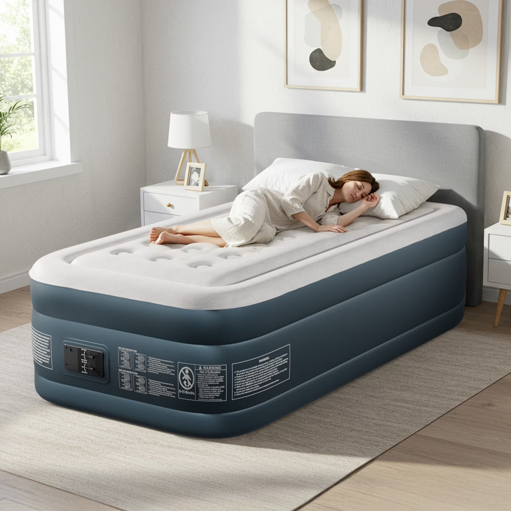 2026 NewZimtown 18" Twin Air Mattress with Two Chamber, Elevated Inflatable Bed with Built-in Pump, Protable Airbed for Outdoor Indoor Camping, Gray & White
