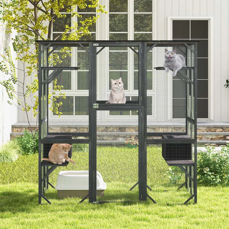2026 Casa para gatos grande de 180 cm de altura, recinto exterior para gatos, caseta para gatos con acceso directo, jaula de madera para gatos con 7 plataformas.