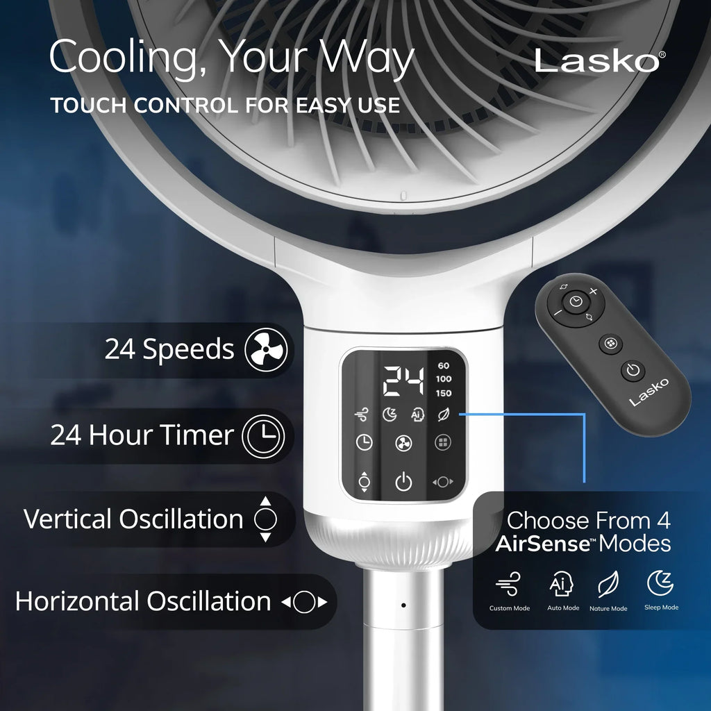 2026 NewLasko Whirlwind 7" 24-Speed Orbital Motion 25ft/s Airflow Remote Control Pedestal Fan, APDC301