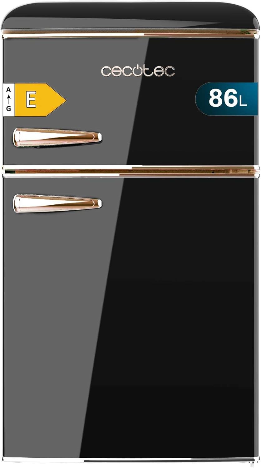 2026 Cecotec Bolero CoolMarket 2D Origin 86 Black E, frigorífico retro de 2 puertas 86 L, compartimento congelador, luz interior, tirador cromado, negro