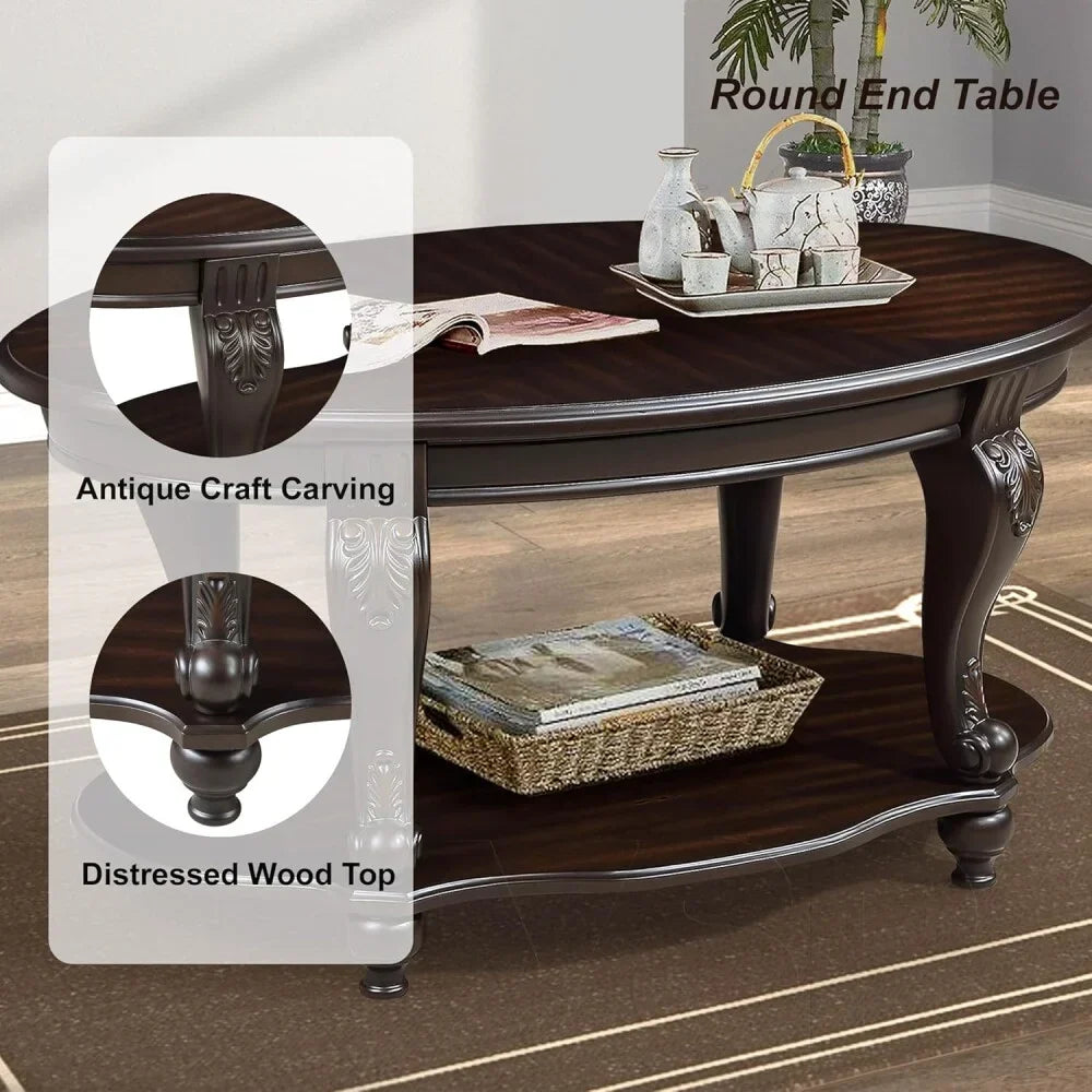 2026 New42" Oval Coffee Table with Storage Shelf, 2-Tier Solid Wood Cocktail Tea Table, Traditional Retro Center Table for Living Room, Bearing 400LBS, Cherry