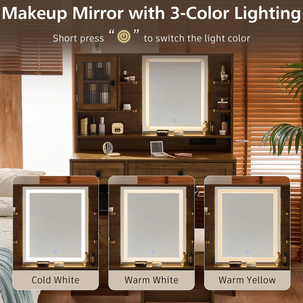 2026 NewFarmhouse Makeup Vanity Desk with Mirror and Lights,Dressing Table Set with Charging Station and Stool,Drawers,Shelves and Side Cabinet,White