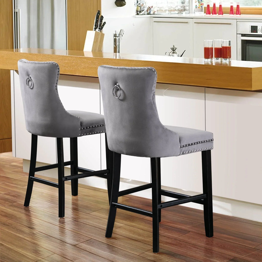 2026 NewVelvet Bar Stools Set of 2, Upholstered Counter Height Bar Chair with Rivet and Button Trim, Bar Stool with Back and Footrest, for Dining Room, Kitchen, Pub, Gray