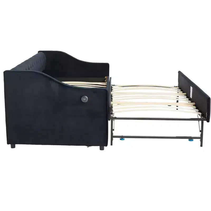 2026 Cama sofá Twin con cama nido, tapizada en terciopelo, puerto USB y bolsillos laterales - ModernLuxe
