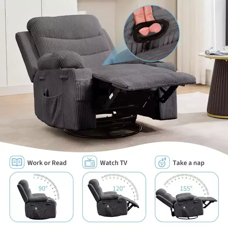 2026 Sillón reclinable mecedora giratorio 360° extragrande con masaje y calor, portavasos y bolsillos