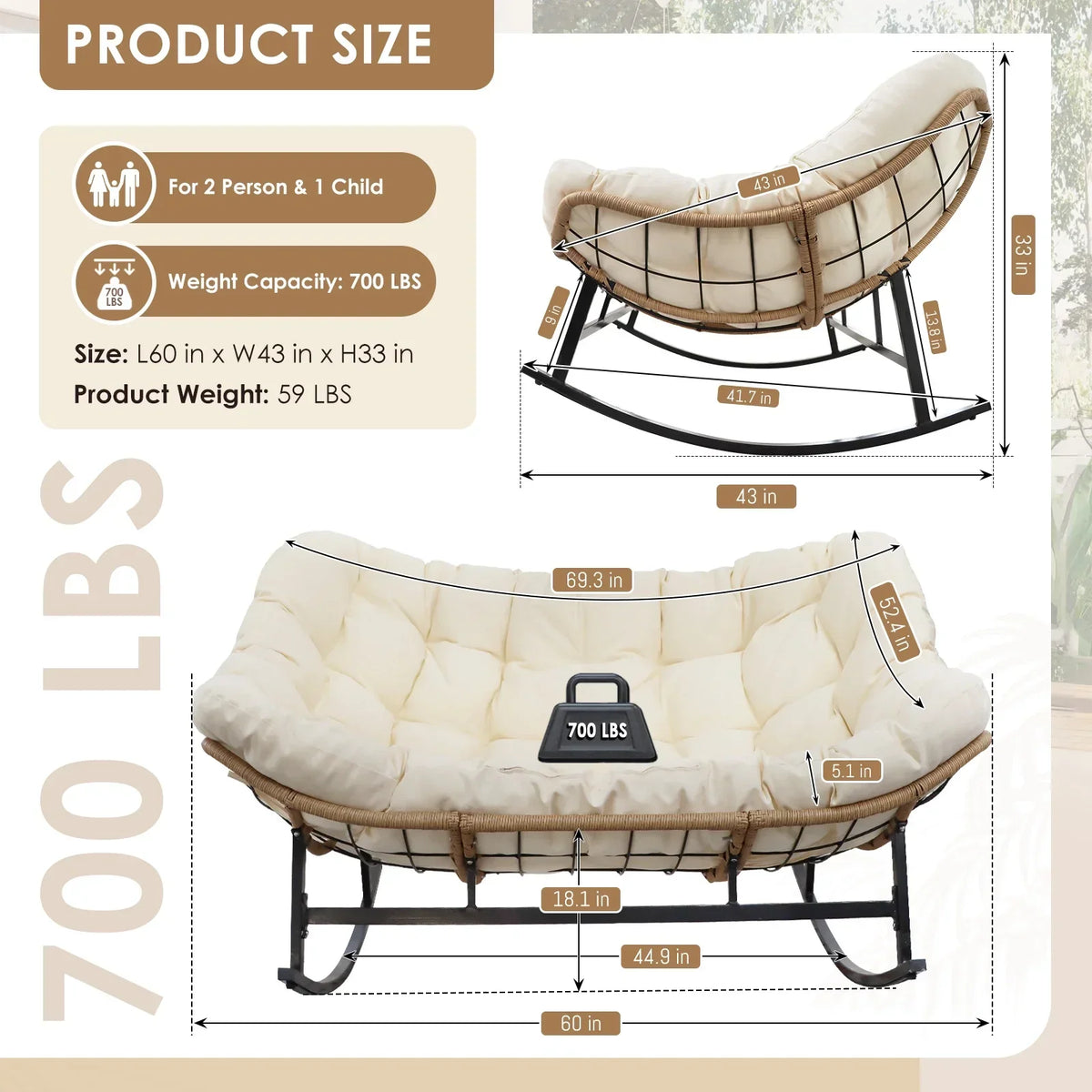 2026 NewRADIATA Beige Double Outdoor Rocking Chair, 2 Person Patio Rocking Egg Chair with Thick Cushion