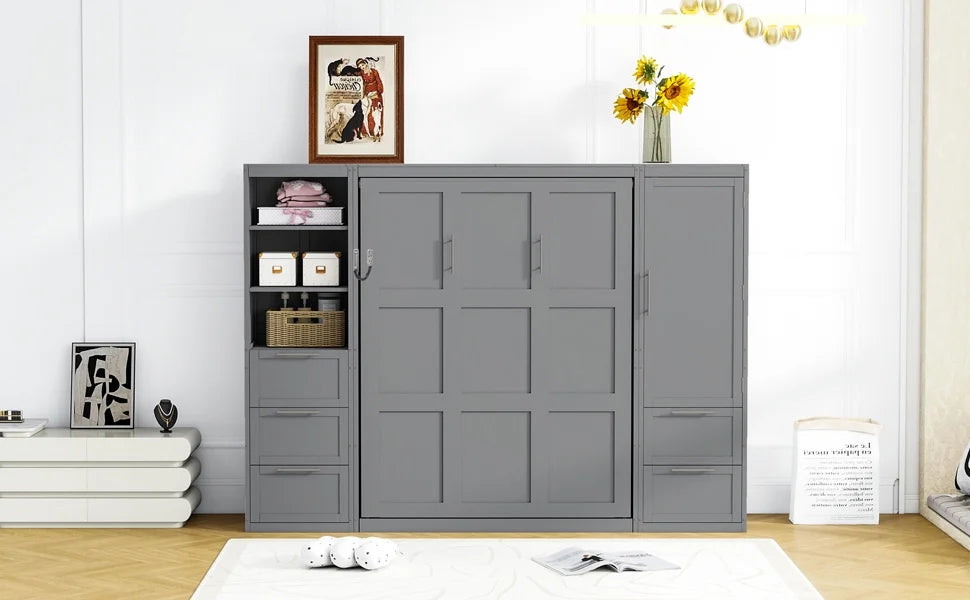 2026 NewNewest Queen Size Murphy Bed Wall Bed with Closet,Drawers, Shelves,Gray