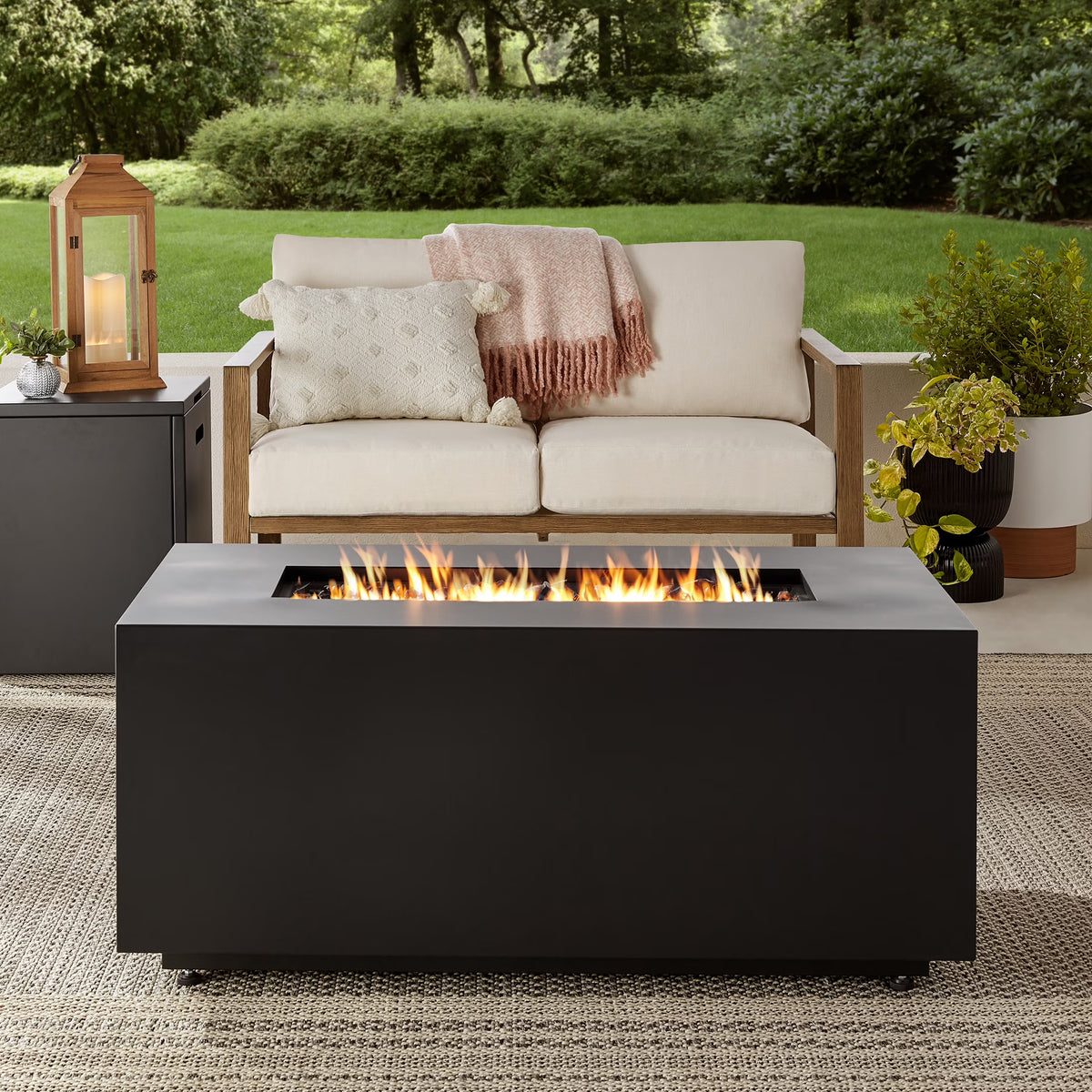2026 NewMainstays 42" Rectangle Black Finish Modern Steel Fire Pit: 42" x 20" 50000 BTU Propane Fire Pit Table with Lid, Tank Hideaway and Cover