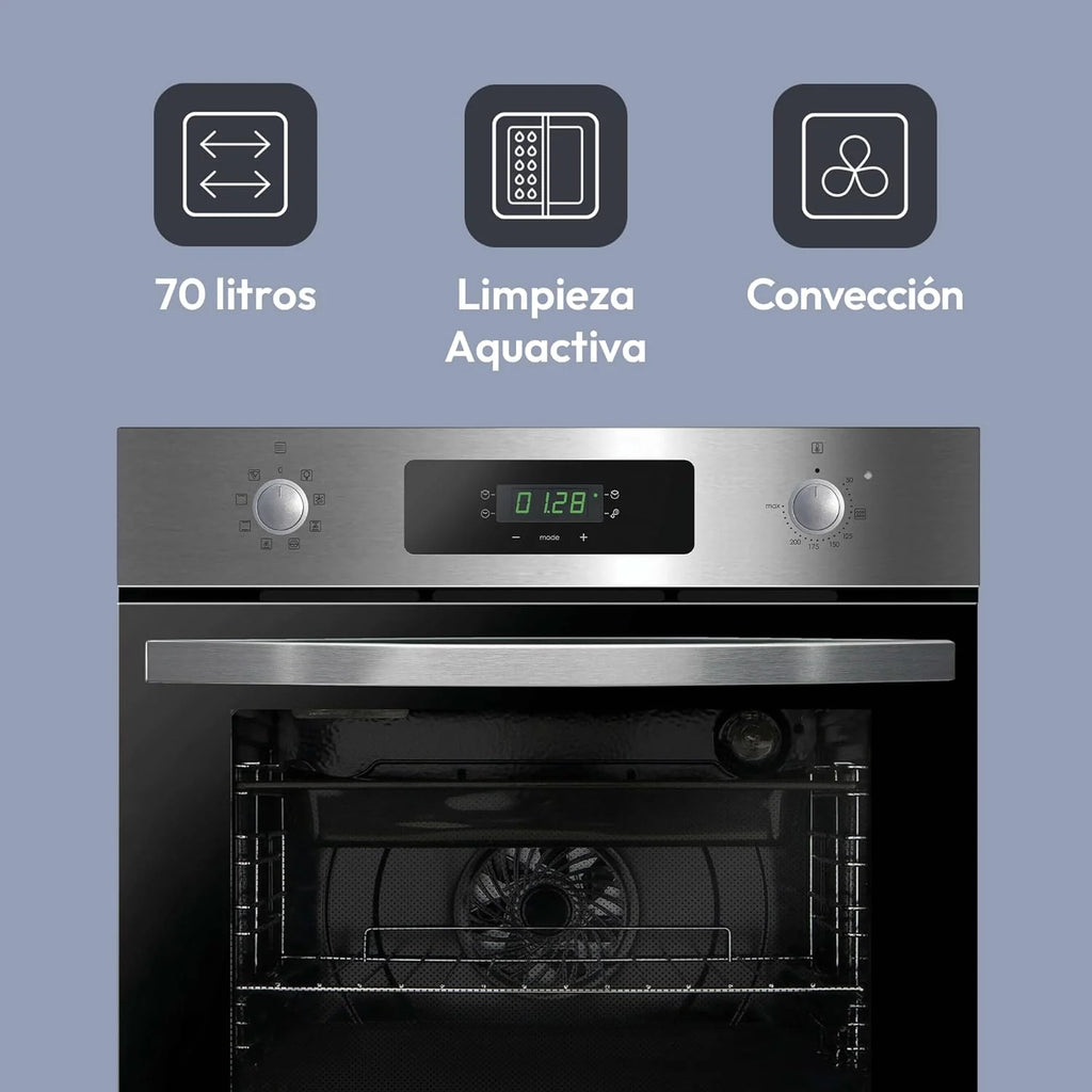 2026 Candy FIDCP X625 L, Horno Multifunción, 70L, Bandeja y Rejilla, Limpieza Aquactiva, Convección Ventilador radial, 8 Funciones, Display Timer Touch, Mandos Push&Pull, Puerta 2 Cristales, Inox y Negro