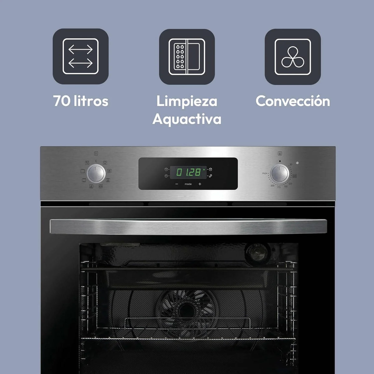 2026 Candy FIDCP X625 L, Horno Multifunción, 70L, Bandeja y Rejilla, Limpieza Aquactiva, Convección Ventilador radial, 8 Funciones, Display Timer Touch, Mandos Push&Pull, Puerta 2 Cristales, Inox y Negro