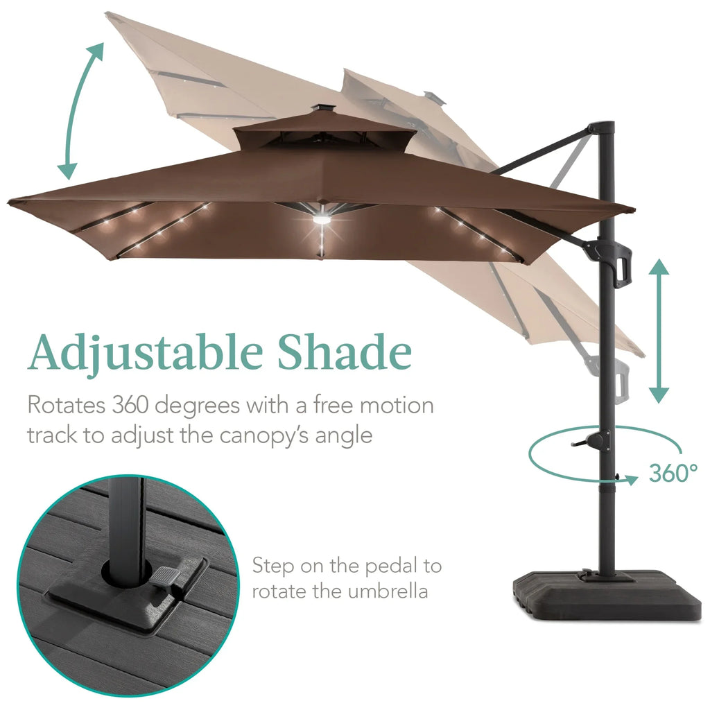 2026 NewBest Choice Products 10x10ft 2-Tier Square Outdoor Solar LED Cantilever Patio Umbrella w/ Base Included - Tan