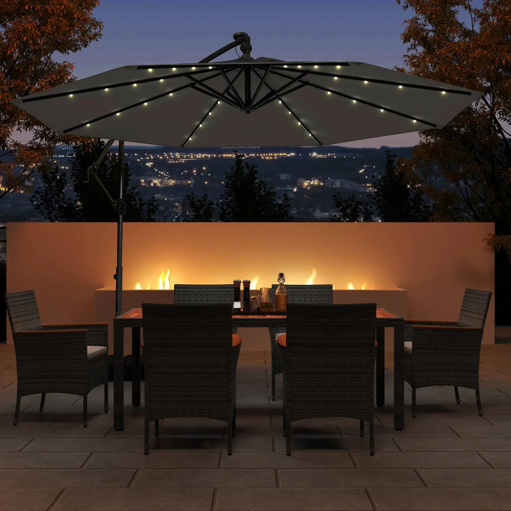 2026 NewCostway 10 FT Solar Offset Hanging Umbrella Patio Cantilever Umbrella with 32 LED Lights Brown