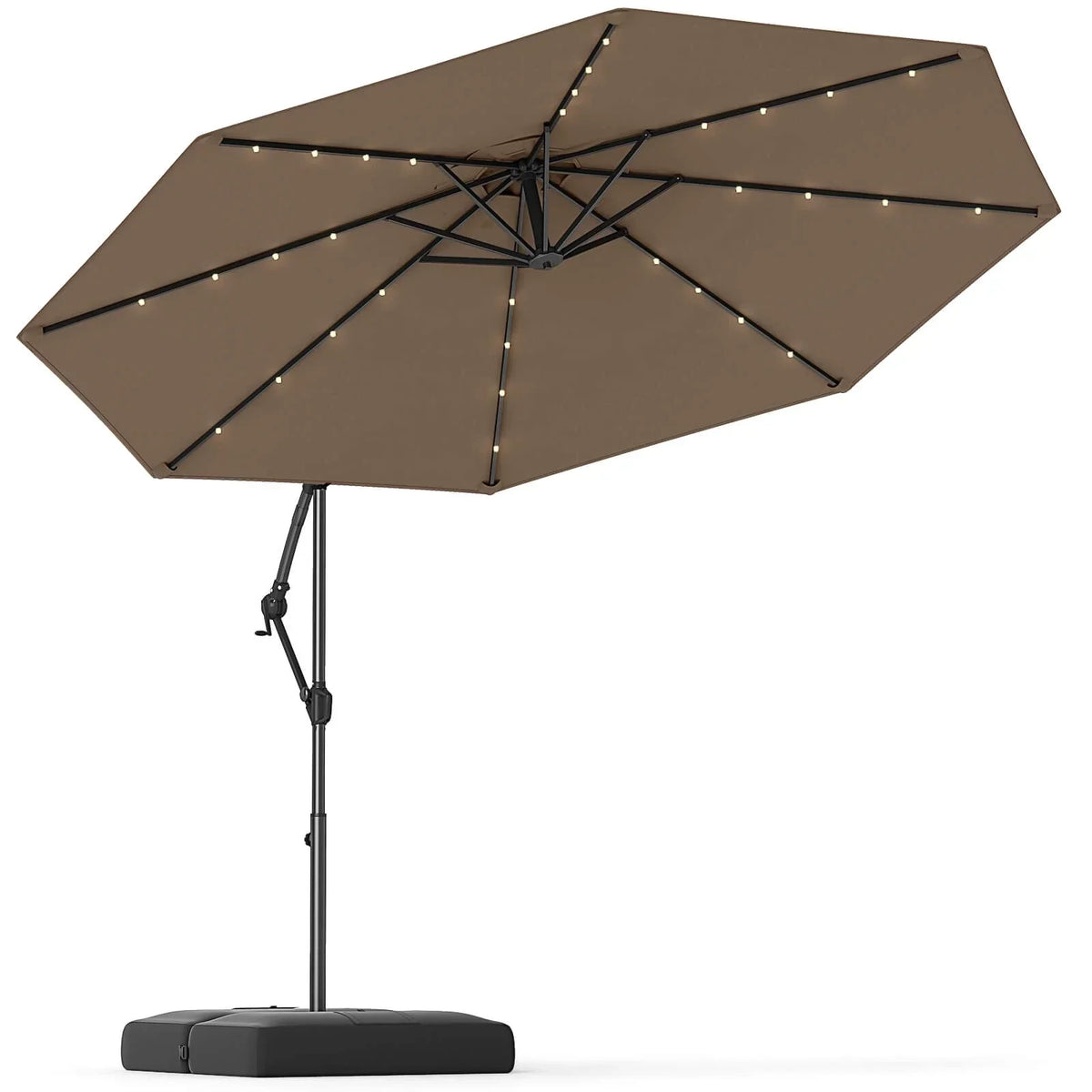 2026 NewCostway 10 FT Solar Offset Hanging Umbrella Patio Cantilever Umbrella with 32 LED Lights Brown