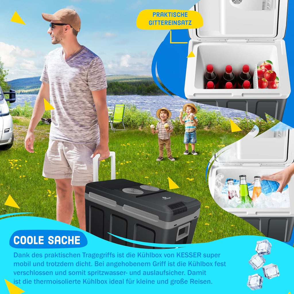 2026 KESSER® Nevera eléctrica portátil 40L con Ruedas | Calienta y enfría | Termoeléctrica | Mini Nevera | 12V y 230V | para Coche, Camping y Enchufe | Modo Eco | Incluye acumuladores de frío