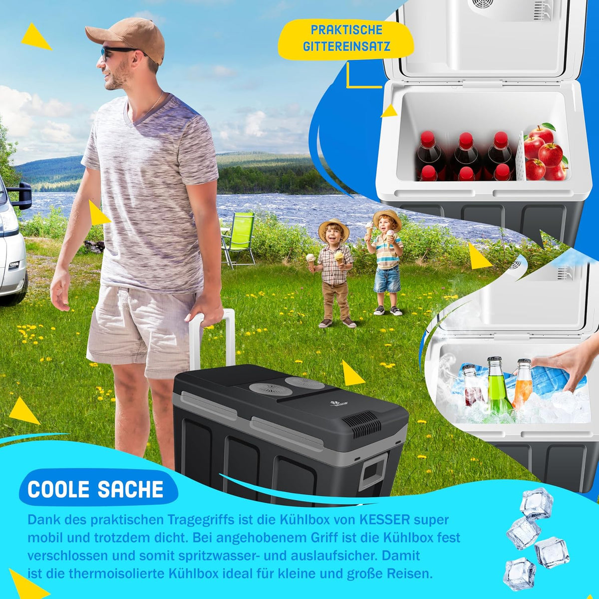 2026 KESSER® Nevera eléctrica portátil 40L con Ruedas | Calienta y enfría | Termoeléctrica | Mini Nevera | 12V y 230V | para Coche, Camping y Enchufe | Modo Eco | Incluye acumuladores de frío