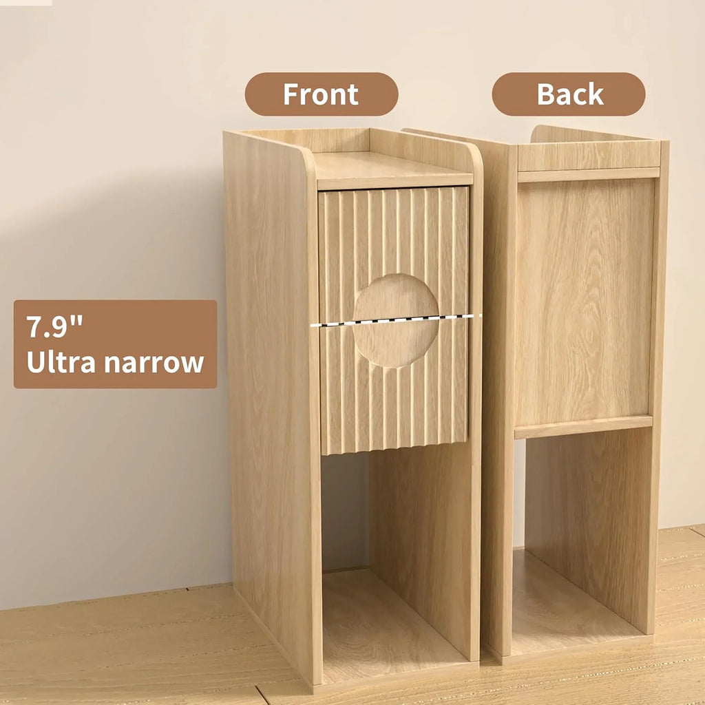 2026 NewNarrow Nightstand Set of 2 with Drawers, Fluted Slim Side End Table with Storage for Small Spaces