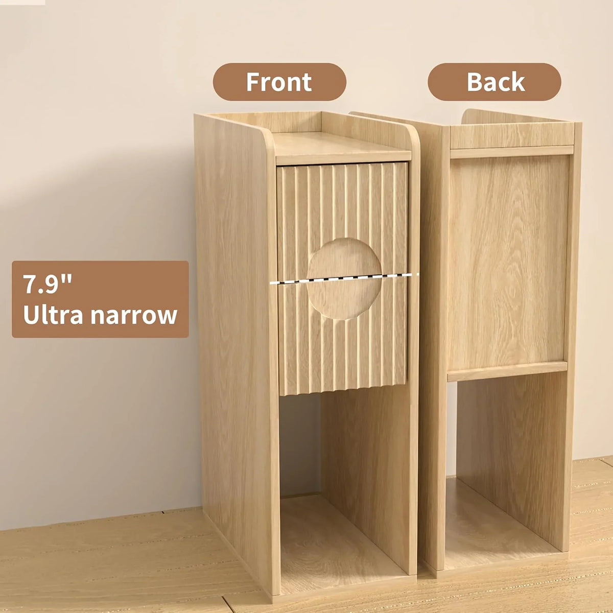 2026 NewNarrow Nightstand Set of 2 with Drawers, Fluted Slim Side End Table with Storage for Small Spaces