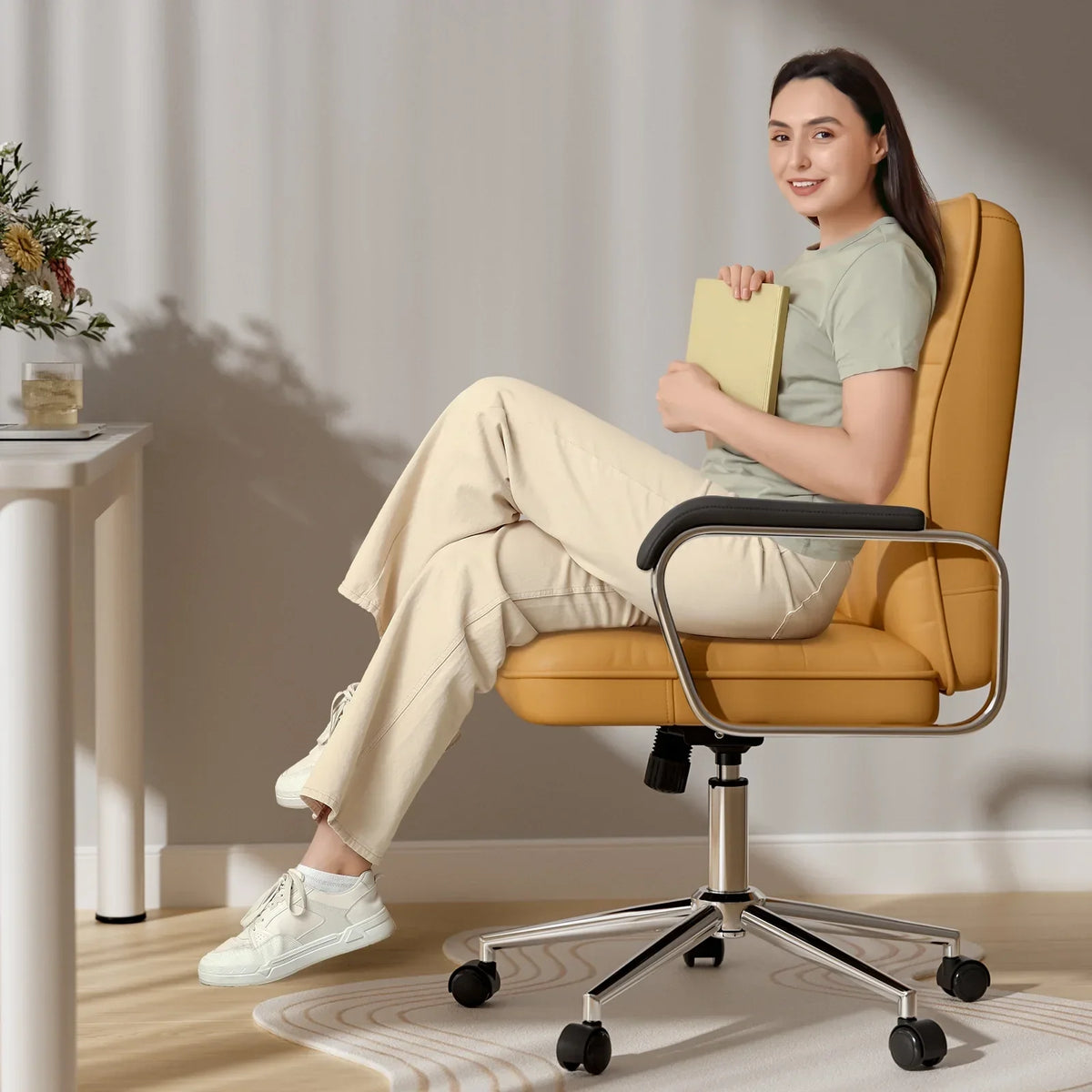 2026 NewSolfway White Office Chair, Swivel Leather Computer Desk Chair with Wheels and Padded Arms, Executive Office Chair for Adults