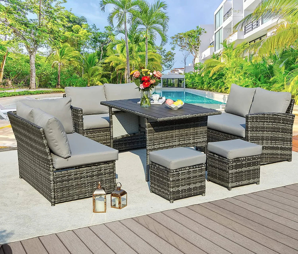 2026 NewAECOJOY 7 Piece Patio Furniture Set PE Rattan Outdoor Dining Set Sectional Sofa Couch with Table Patio Conversation Set in Gray