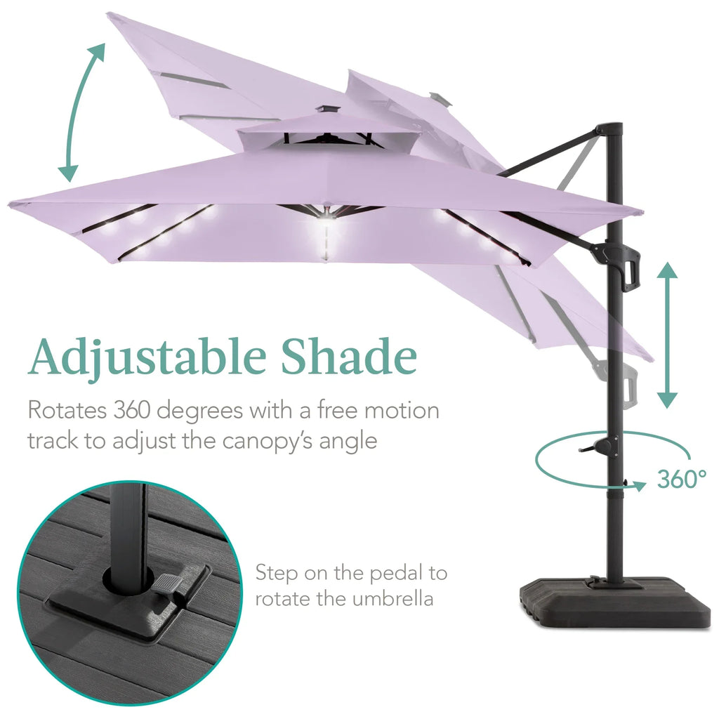 2026 NewBest Choice Products 10x10ft 2-Tier Square Outdoor Solar LED Cantilever Patio Umbrella w/ Base Included - Tan