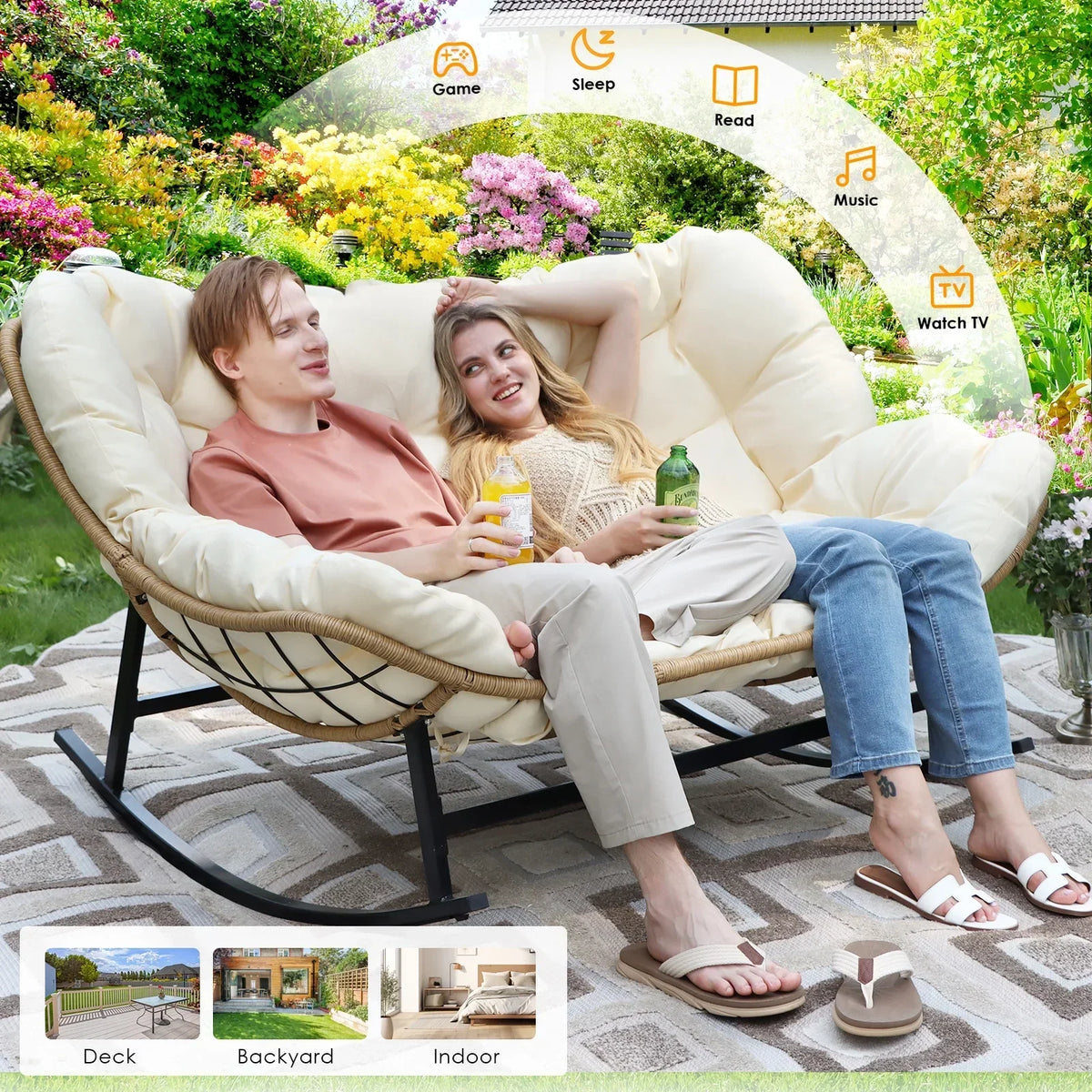 2026 NewRADIATA Beige Double Outdoor Rocking Chair, 2 Person Patio Rocking Egg Chair with Thick Cushion