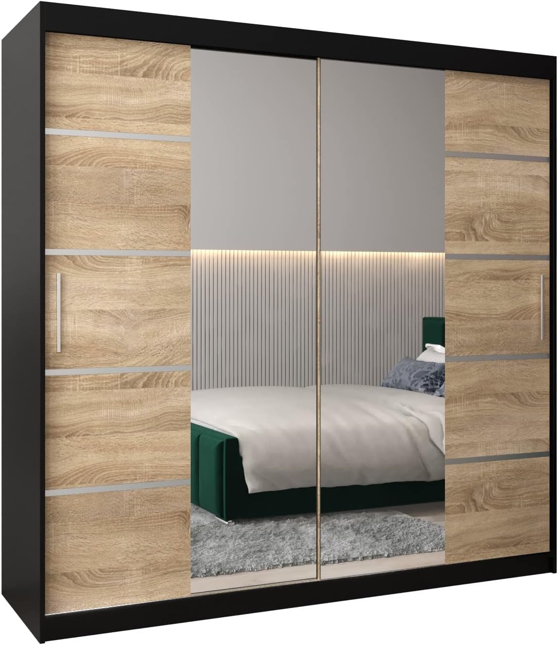 2026 Armario de dormitorio ABIKSMEBLE Verona 4 200 con tres puertas correderas – Armario de almacenamiento moderno con espejo, perchero y estantes – 200 x 200 x 62 cm – Negro mate Sonoma