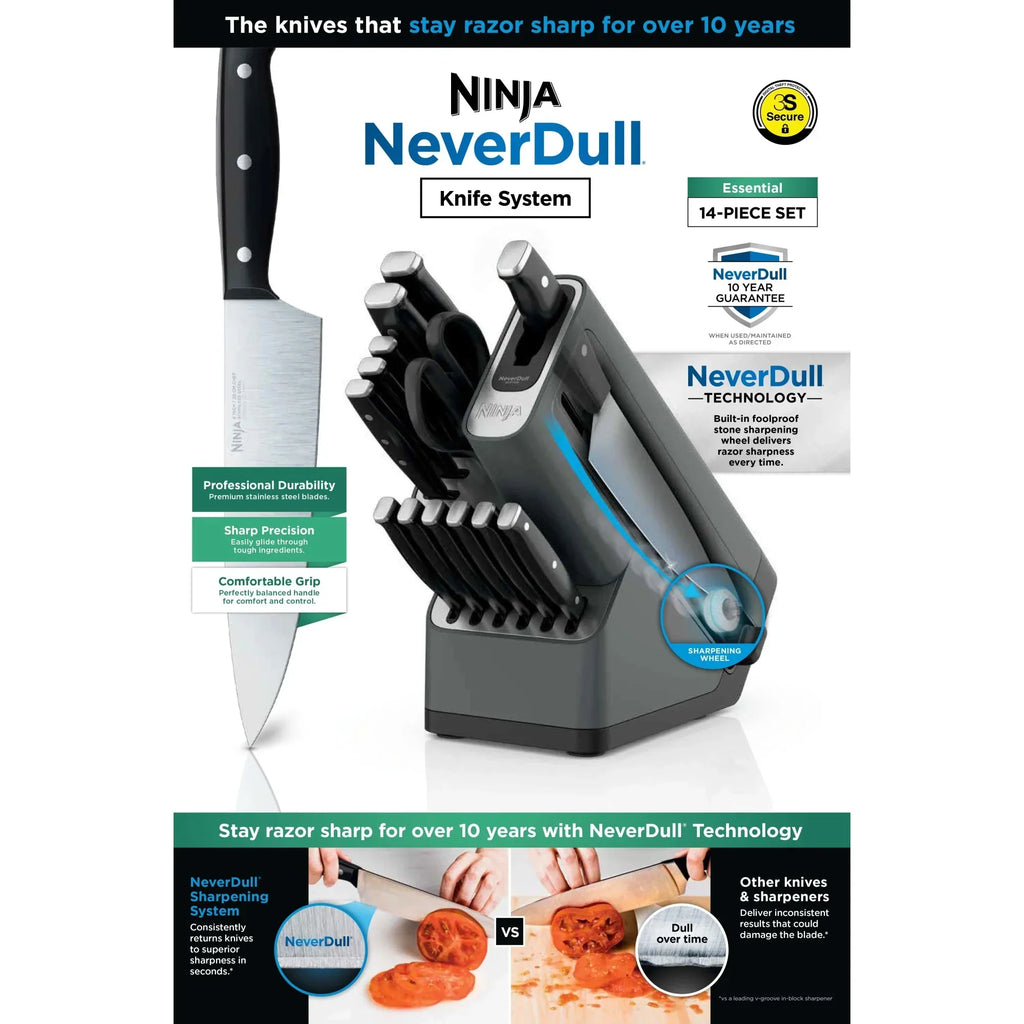 2026 NewNinja NeverDull 14-Piece Stainless Steel Essential Knife System with Built-in Sharpener, K12014 Black/Gray