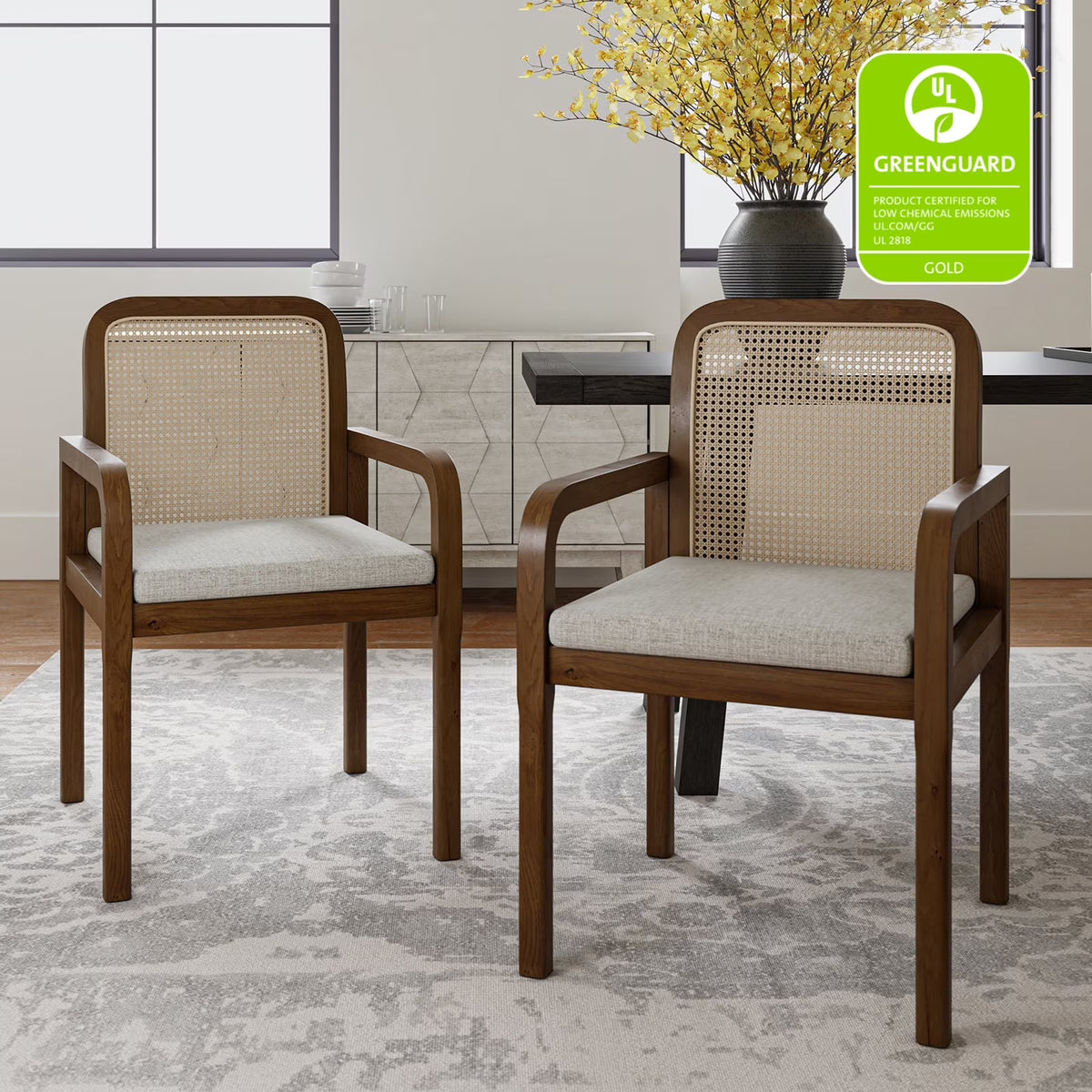 2026 NewRattan Dining Chairs Set of 2 Wooden Armchairs Removable Cushion Home Kitchen Restaurant Acorn