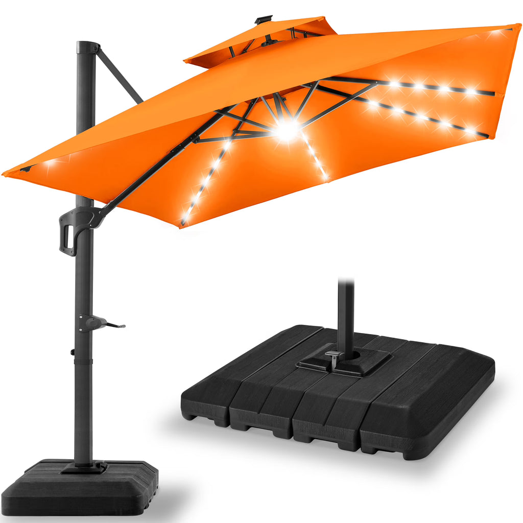 2026 NewBest Choice Products 10x10ft 2-Tier Square Outdoor Solar LED Cantilever Patio Umbrella w/ Base Included - Tan