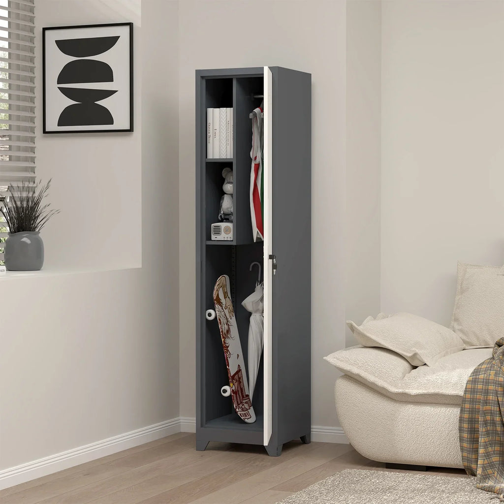 2026 NewMarcree Slim Broom Storage Cabinet, Metal Cabinet with Shelves and Hanging Rod, 65" Utility Storage Cabinet with Locking Door, Tall Cleaning Storage Cabinet for Kitchen, Pantry, Office, Shop, Garage