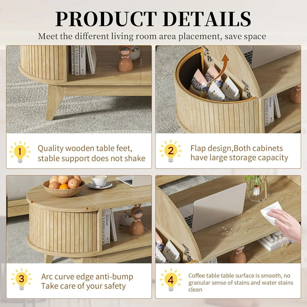 2026 NewFluted Coffee Table with Storage, Modern Coffee Tables, Wood Accent Center Table