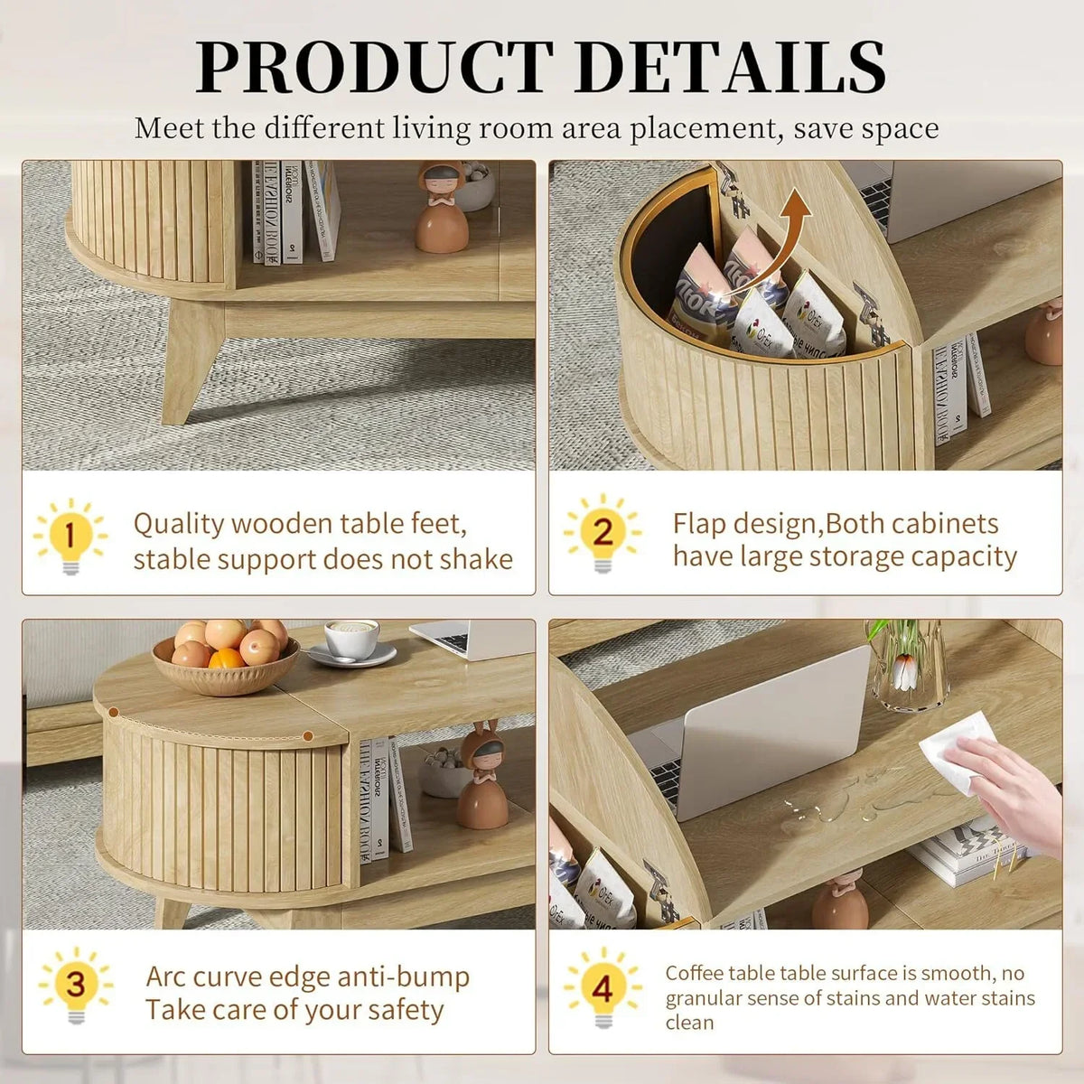 2026 NewFluted Coffee Table with Storage, Modern Coffee Tables, Wood Accent Center Table