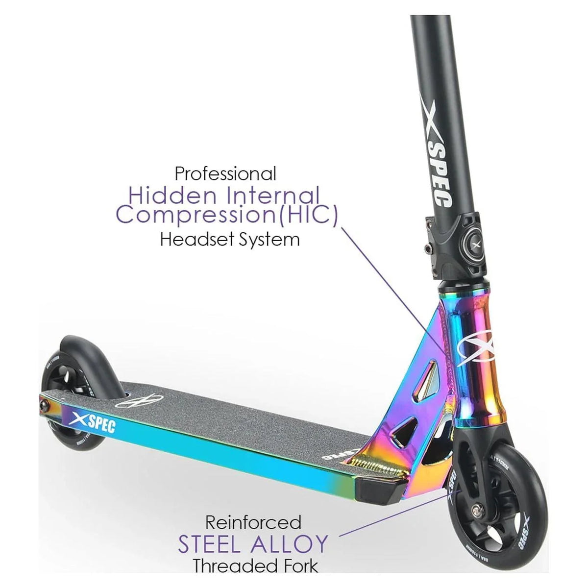2026 NewXspec Oil Slick Neo Chrome Pro Stunt Kick Scooter. Rainbow Trick Scooter