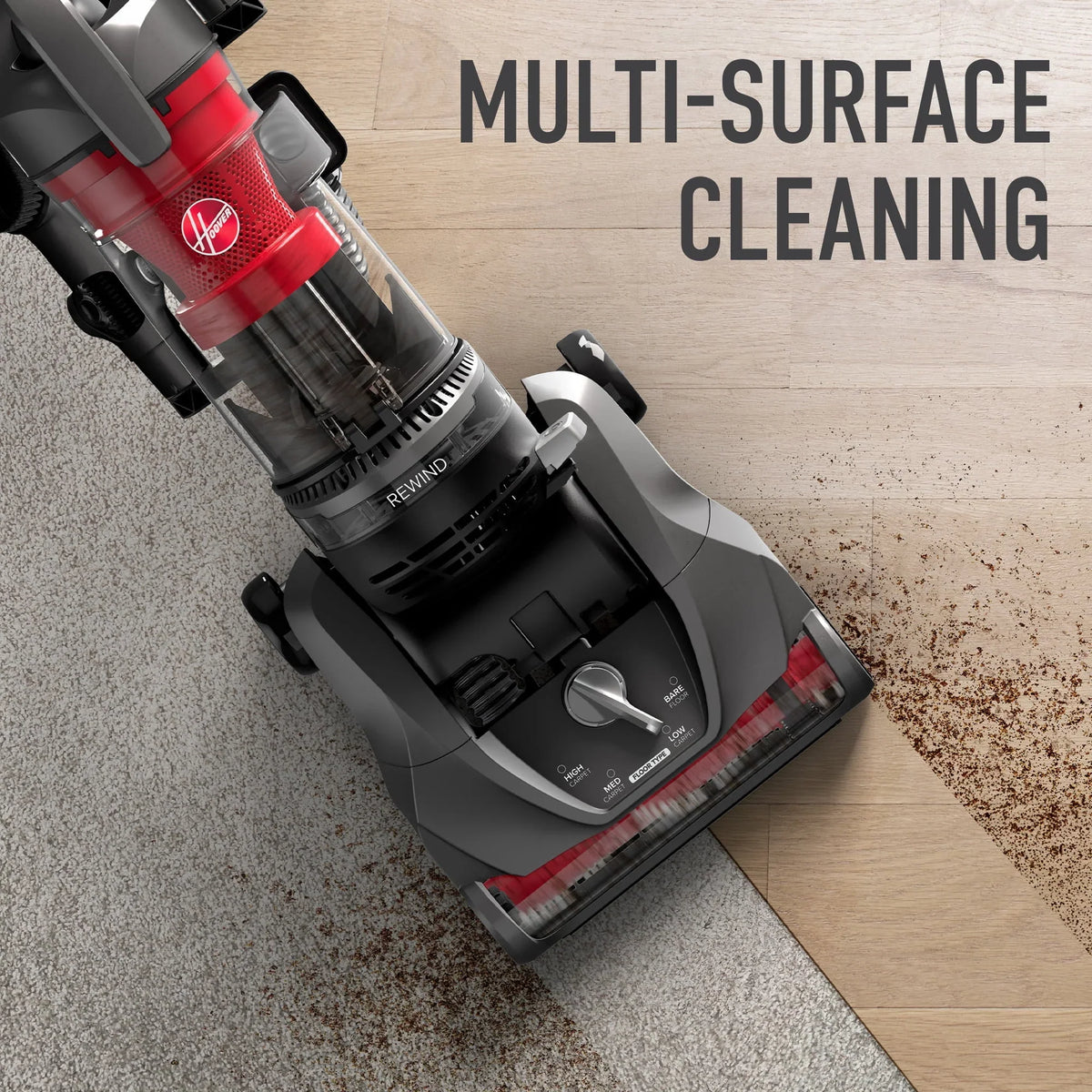2026 NewHoover Rewind Pet Bagless Upright Vacuum Cleaner, Pet Friendly, Automatic Cord Rewind, Multi-Surface and Above Floor Cleaning, UH77410V, Gray & Red